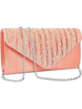 Women Rose Gold Peach Rhinestone Clutch Purse For Evening Bag Wedding Handbags